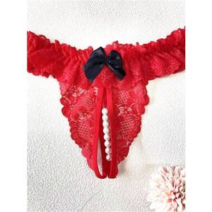 3 for $20 One Size High Elasticity Pearl Detail Thongs Sheer Lace Open Crotch